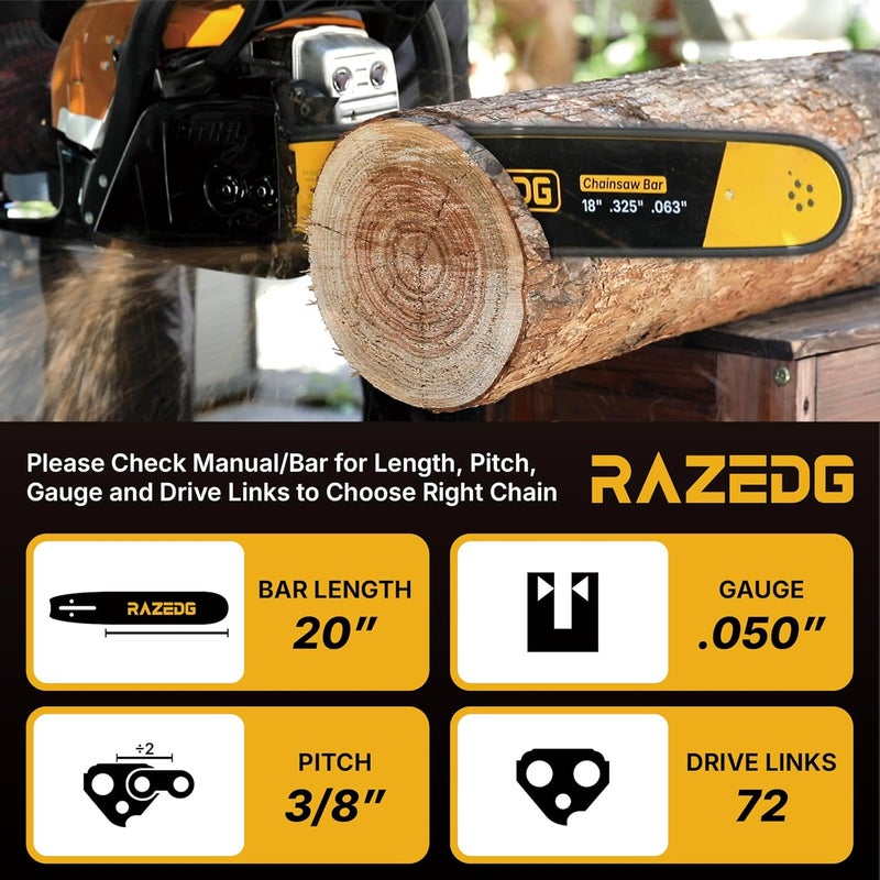 RazEdg Carbide Chainsaw Chain 20 Inch, 3/8" Pitch, .050" Gauge, 72 Drive Links, Fits Stihl MS311, MS391, Husqvarna 455 (Rancher), 460 (Rancher), Poulan Pro and More- E72 (1 Chain) - Image 2